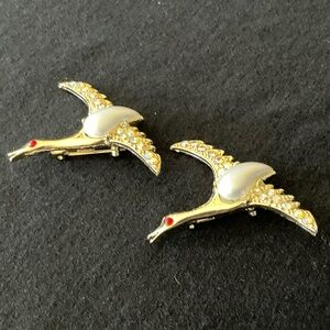 Pair of Flying Geese Brooches With AB Rhinestones and MOP Bellies